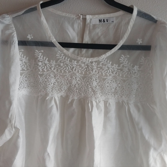 M&V White Silk Cotton Blend Lace Neckline Detail Coquette Romantic Top - Picture 5 of 8
